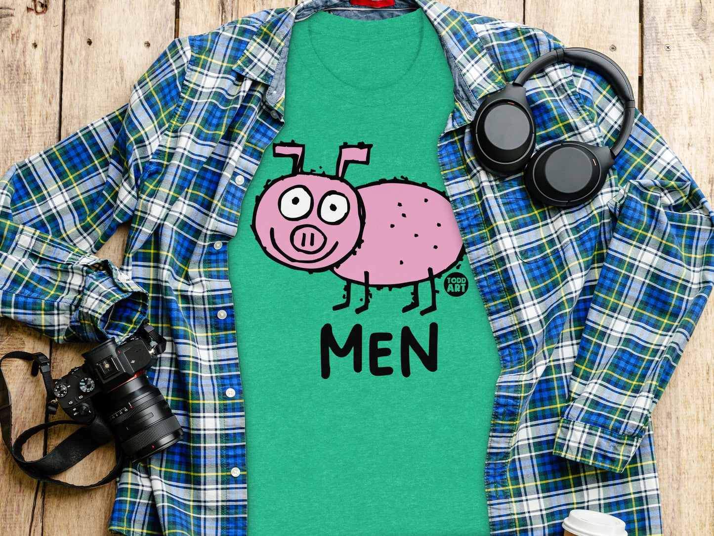 Humorous Pig Illustration on Green Men Shirt Product