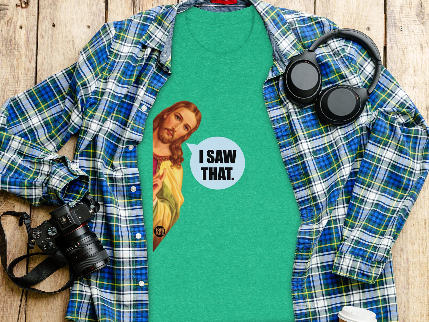 Green T-Shirt with Jesus Design and Humorous Print product