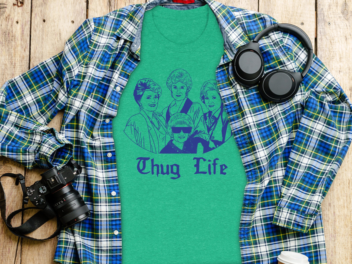 Thug Life Graphic Tee with Characters and Sunglasses