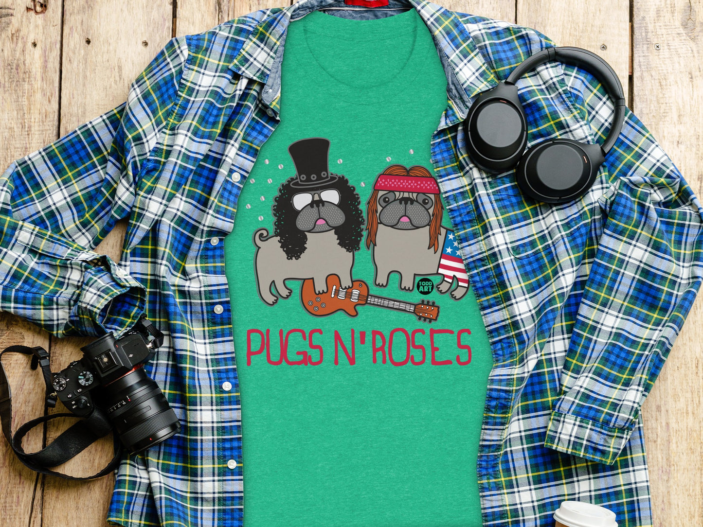 Pugs N' Roses Graphic Design on Fashionable T-Shirt product