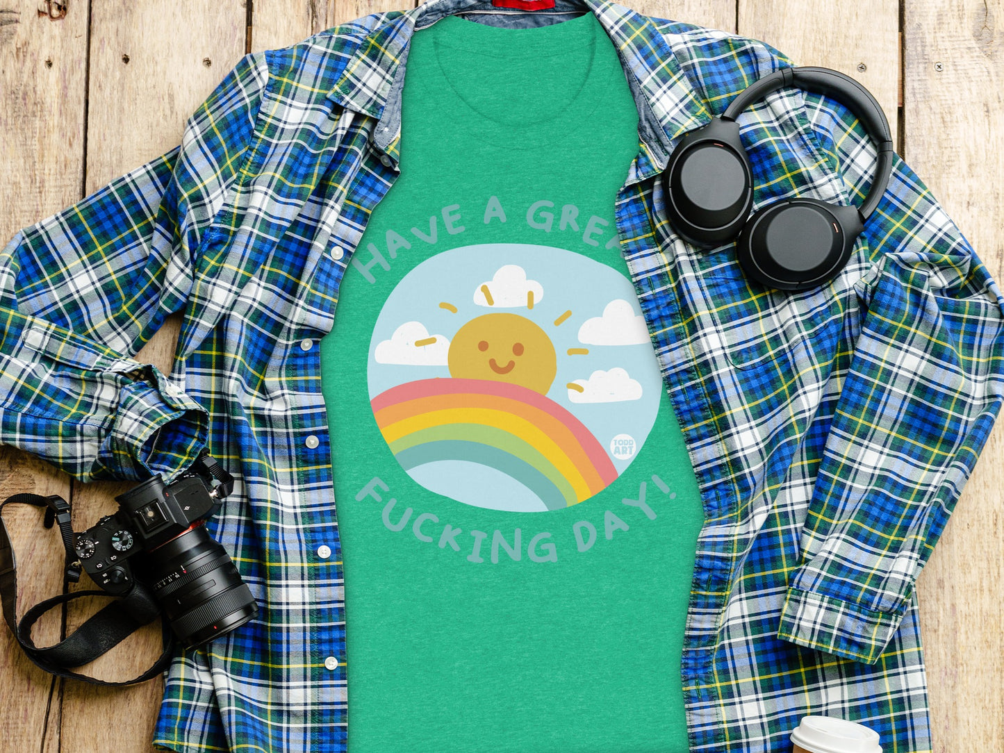 Positive Message Graphic Tee with Rainbow and Sun Design