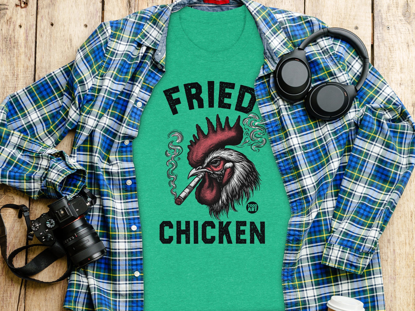 Green Shirt With Fried Chicken Graphic Design Shirt
