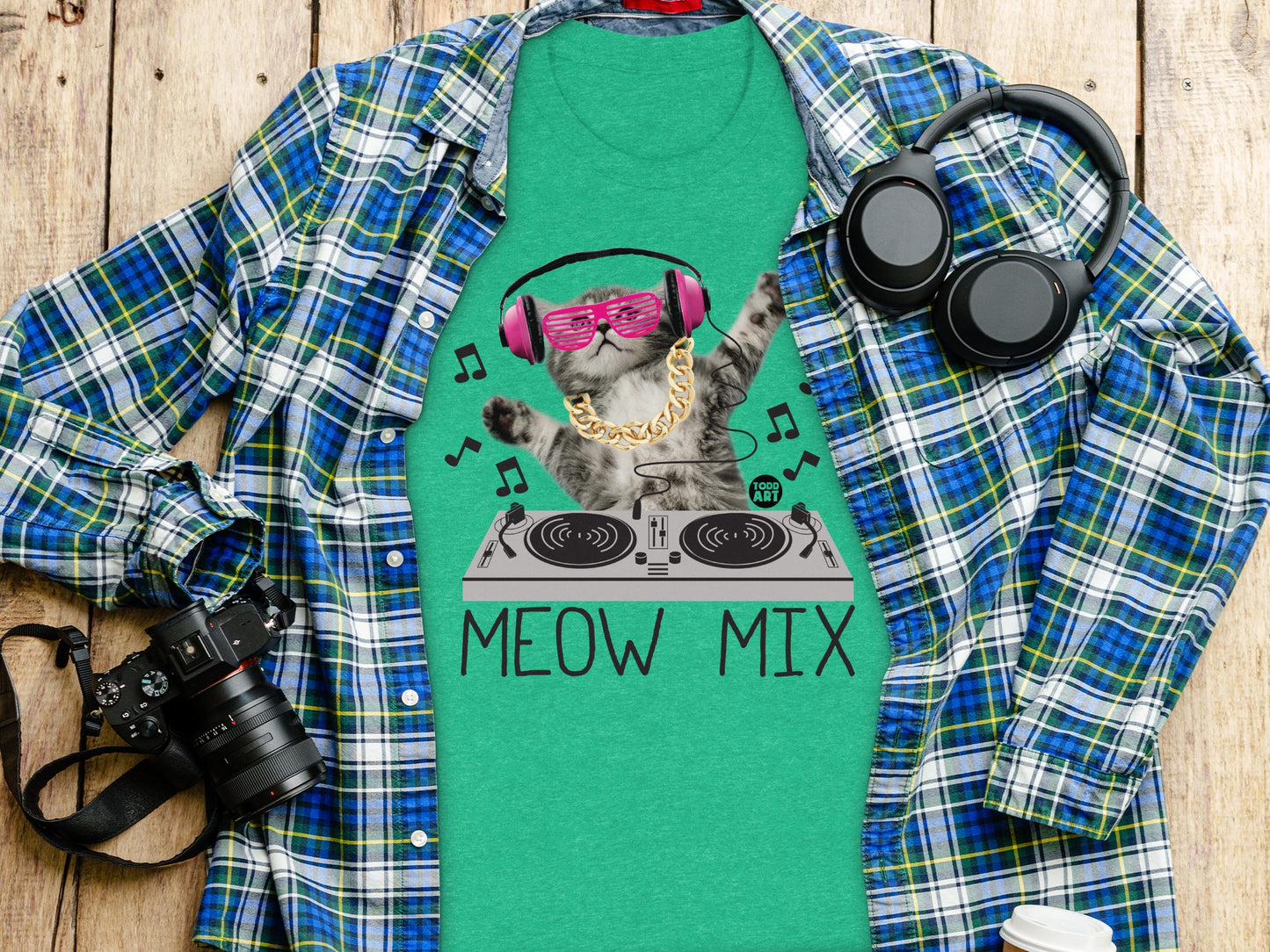 Meow Mix Cat DJ Graphic Green T-Shirt product