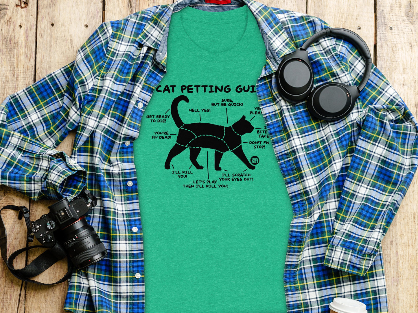 Cat Petting Guide Graphic Tee Dark Green Shirt product type
