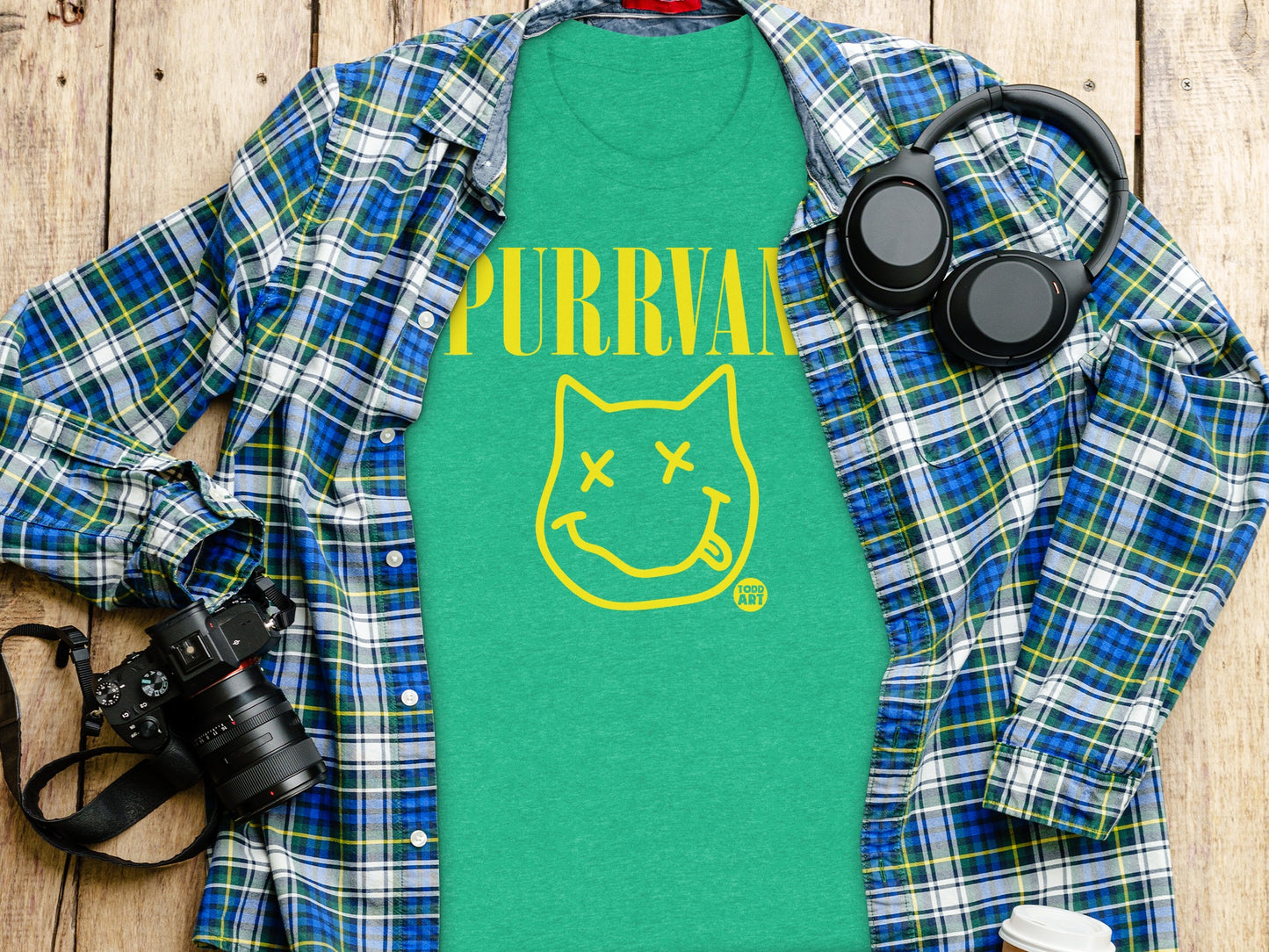 Purrvana T-shirt Green Cat Face Design Graphic product