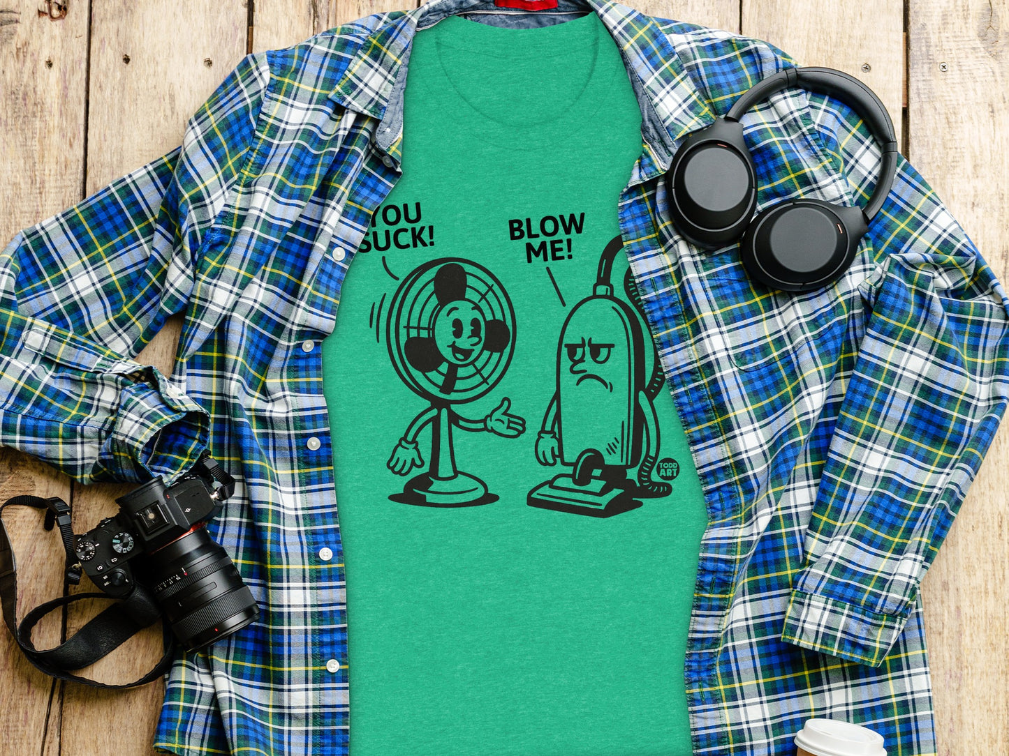 Funny Cartoon Fan and Vacuum Graphic T-Shirt product