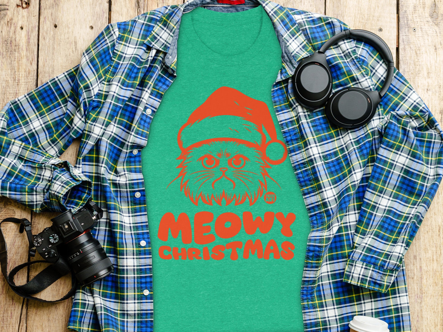 Meowy Christmas Cat with Santa Hat Graphic T-Shirt product type