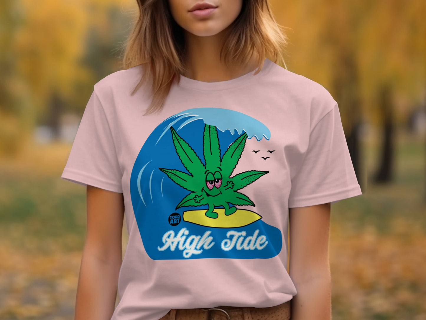 High Tide Graphic Tee with Cartoon Surfing Leaf