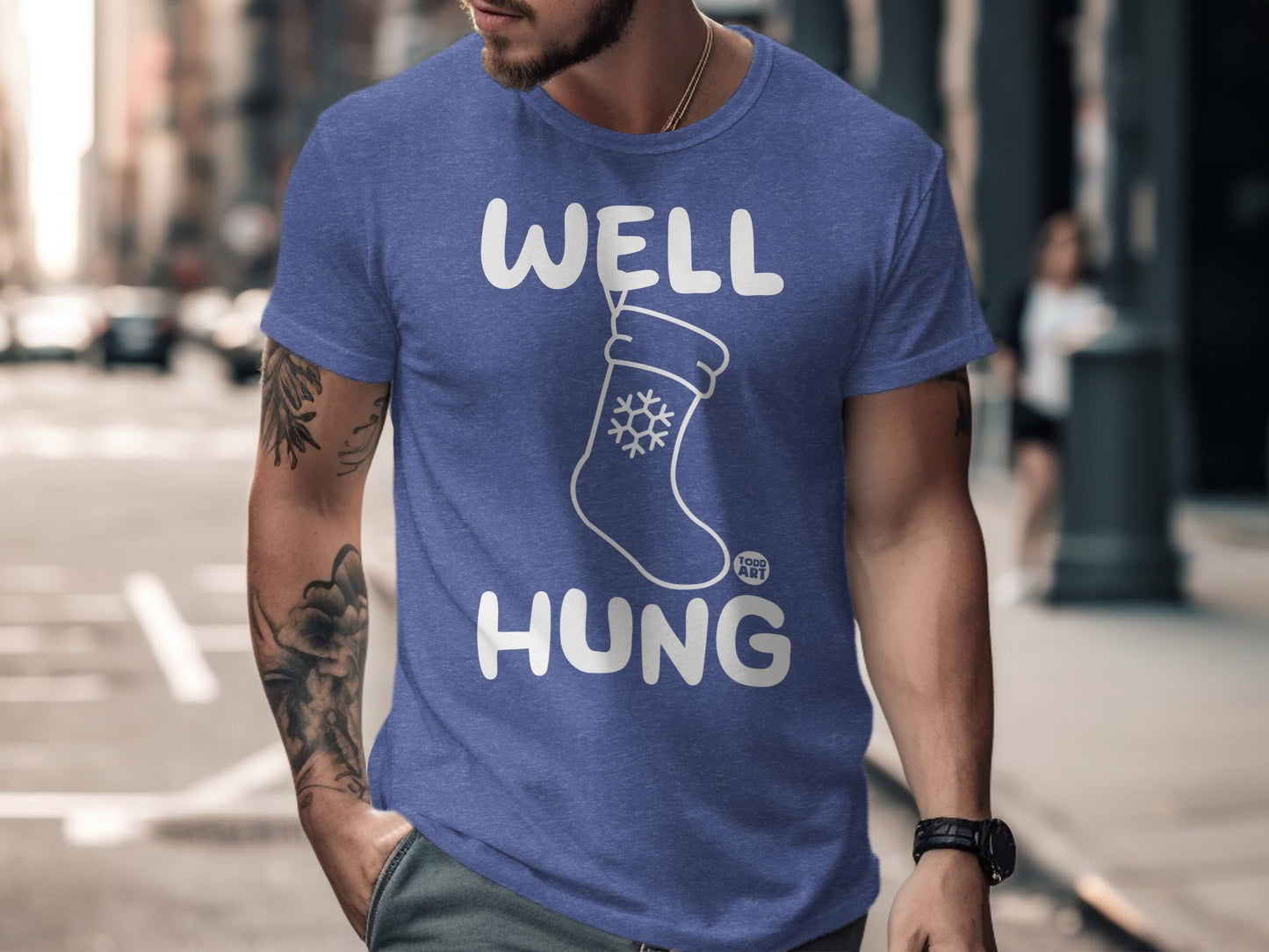 Well Hung Christmas Stocking Funny T-Shirt product type