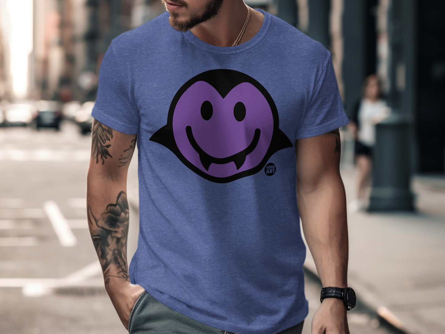 Purple Smiley Face Vampire Print T-shirt product type