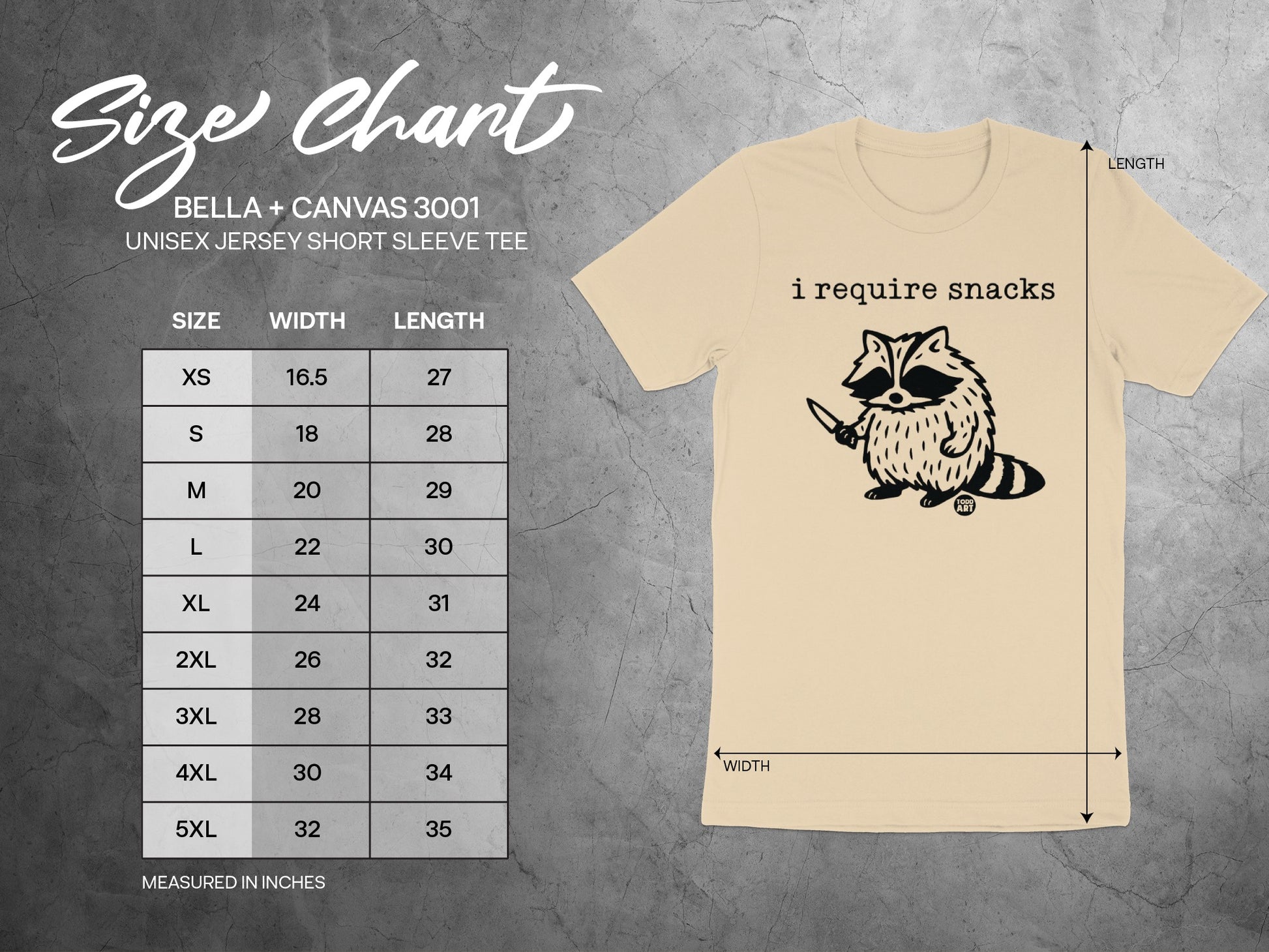 I Require Snacks Raccoon Tee Shirt with Size Chart