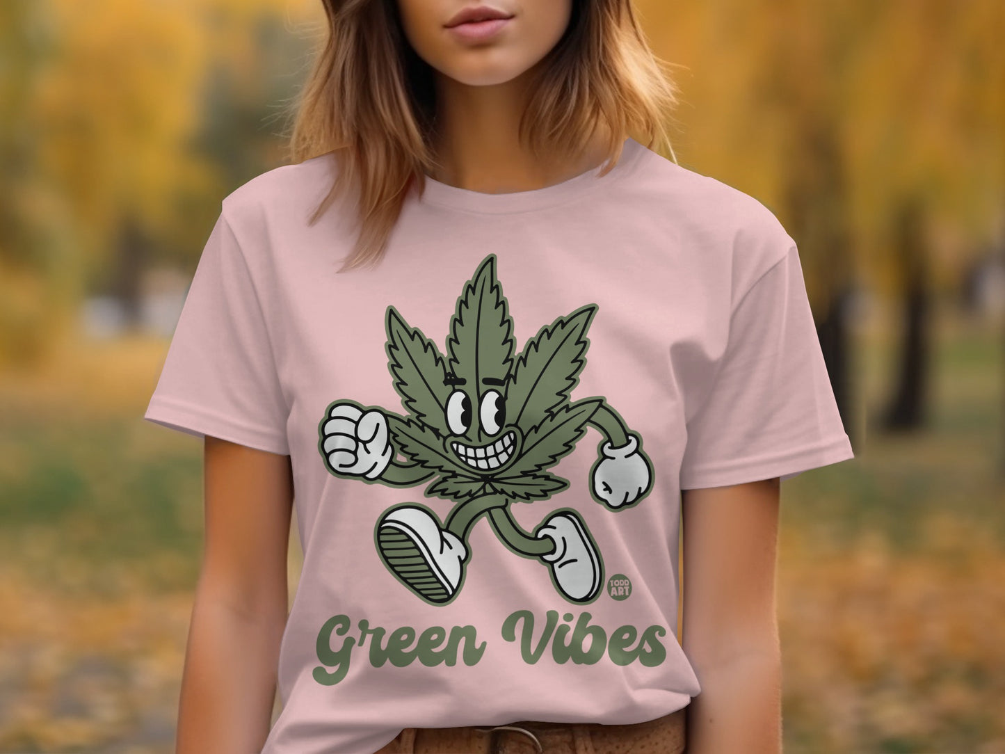 Green Vibes Graphic Tee Shirt with Fun Cartoon Design