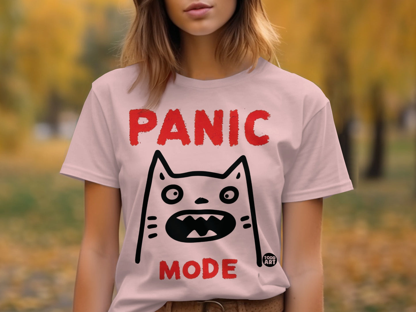 Panic Mode Cat Graphic T-Shirt Design product type