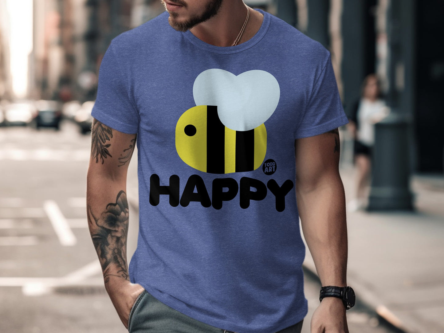 Happy Bee Graphic Design on Blue T-Shirt Product Type