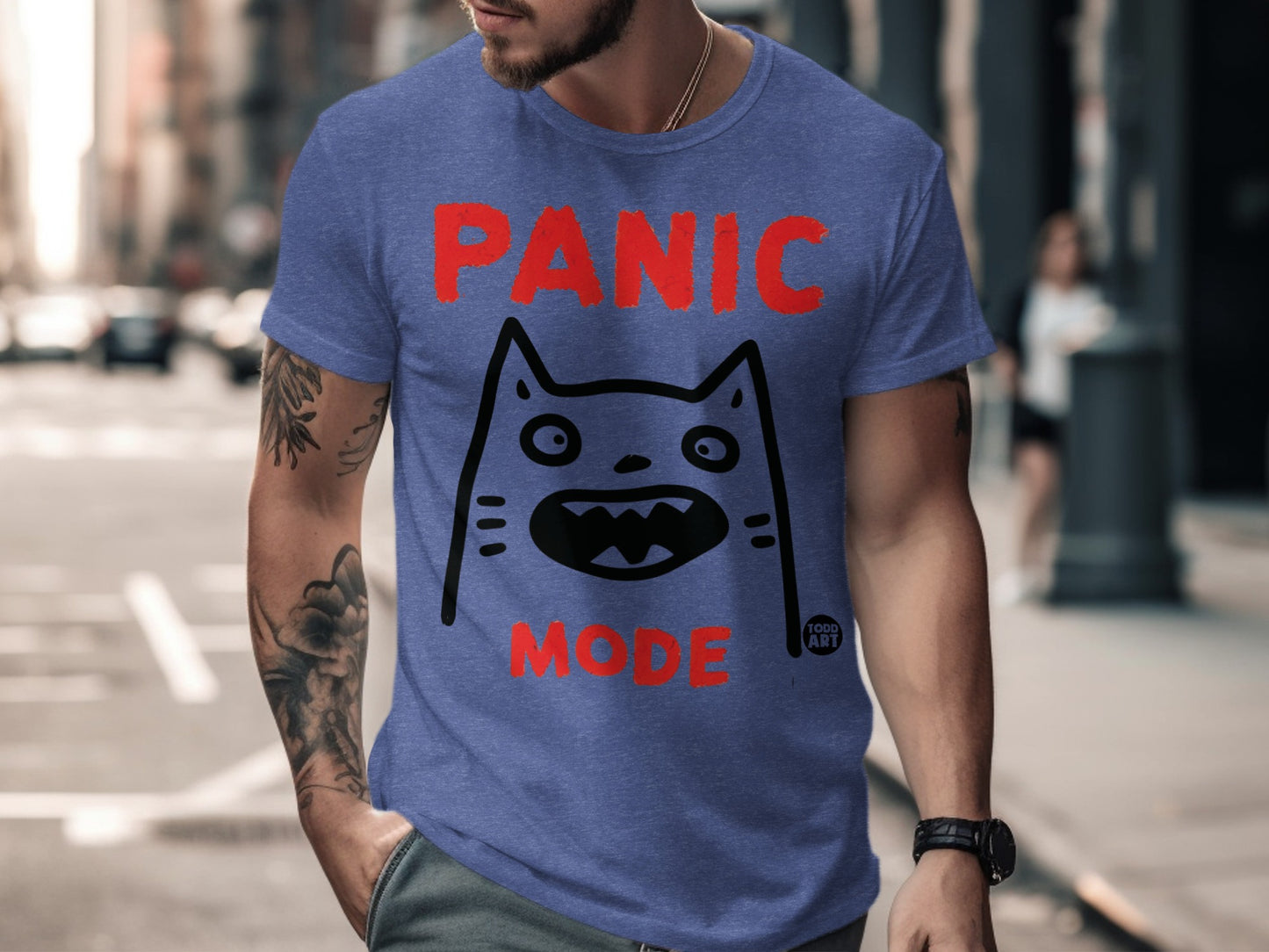 Blue Graphic Tee with Panic Mode Cat Design Shirt product