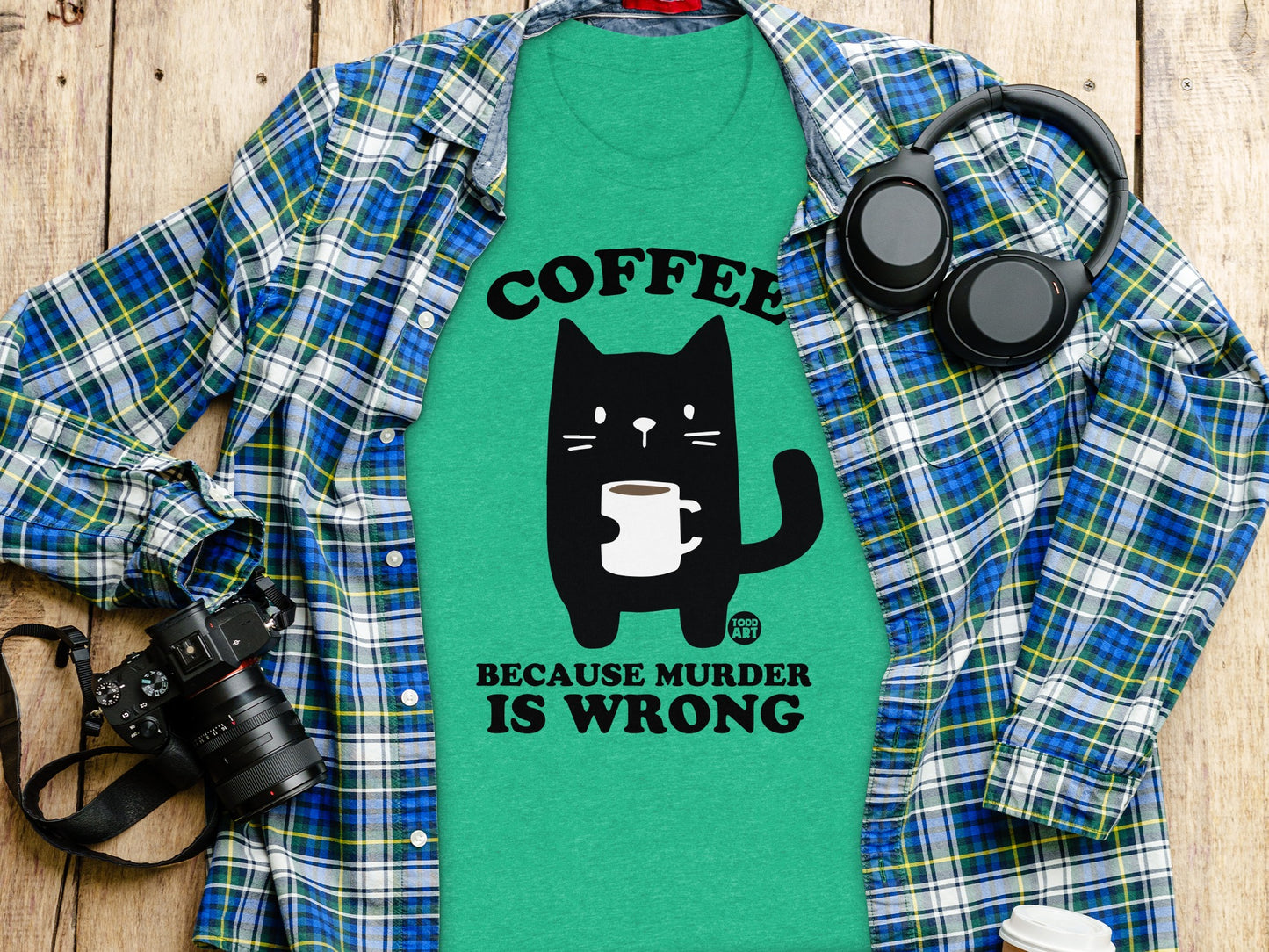 Coffee Because Murder is Wrong Cat T-Shirt product