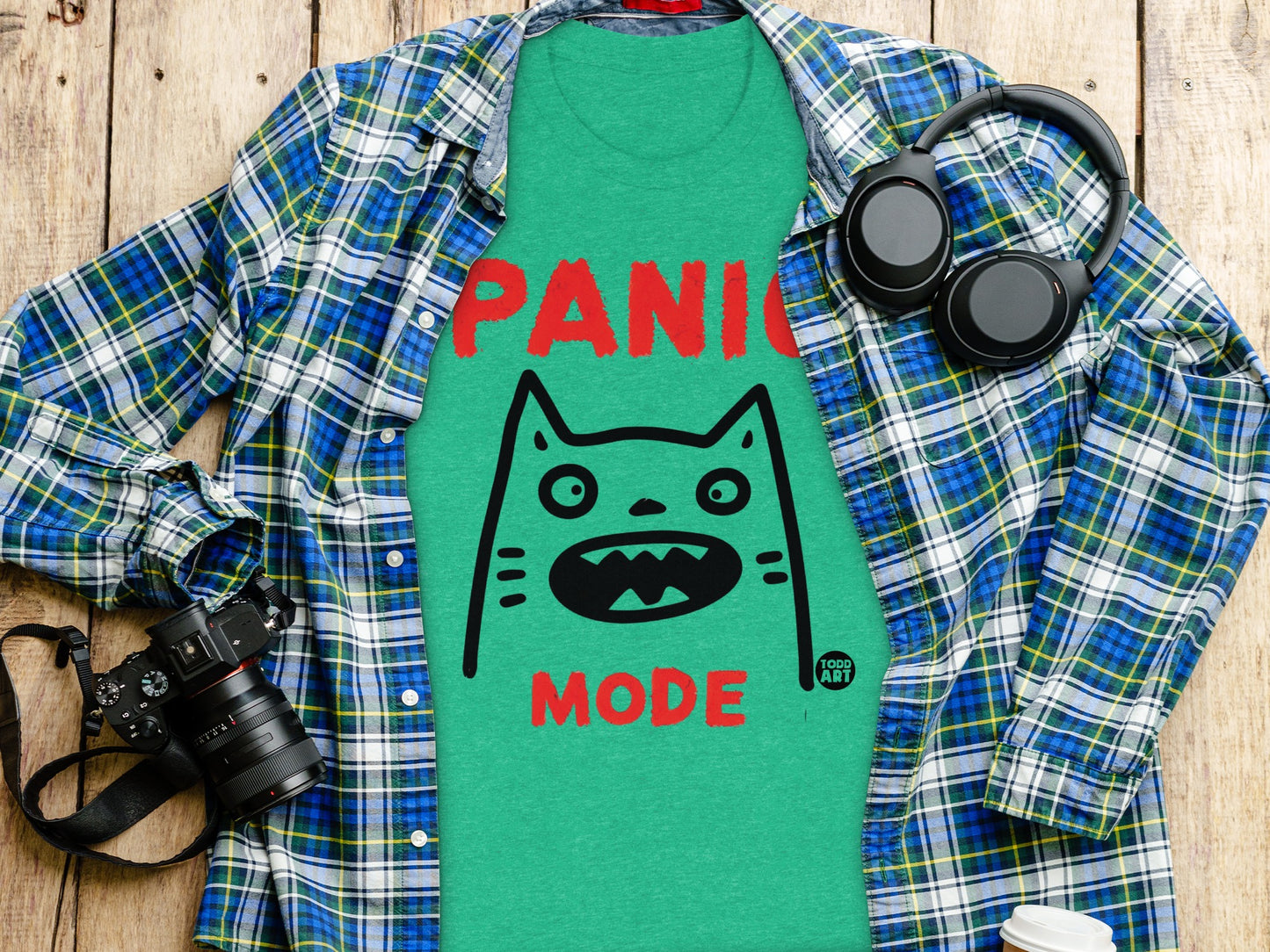 Panic Mode Green Shirt with Cat Design product