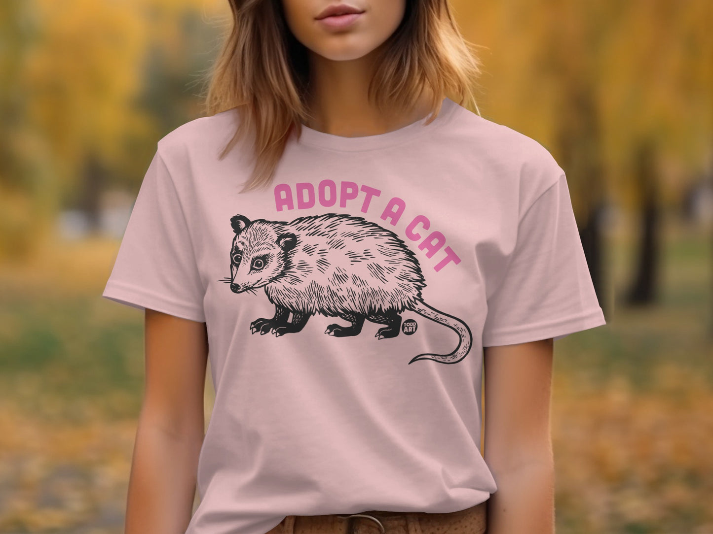 Funny Adopt a Cat Shirt with Opossum Illustration