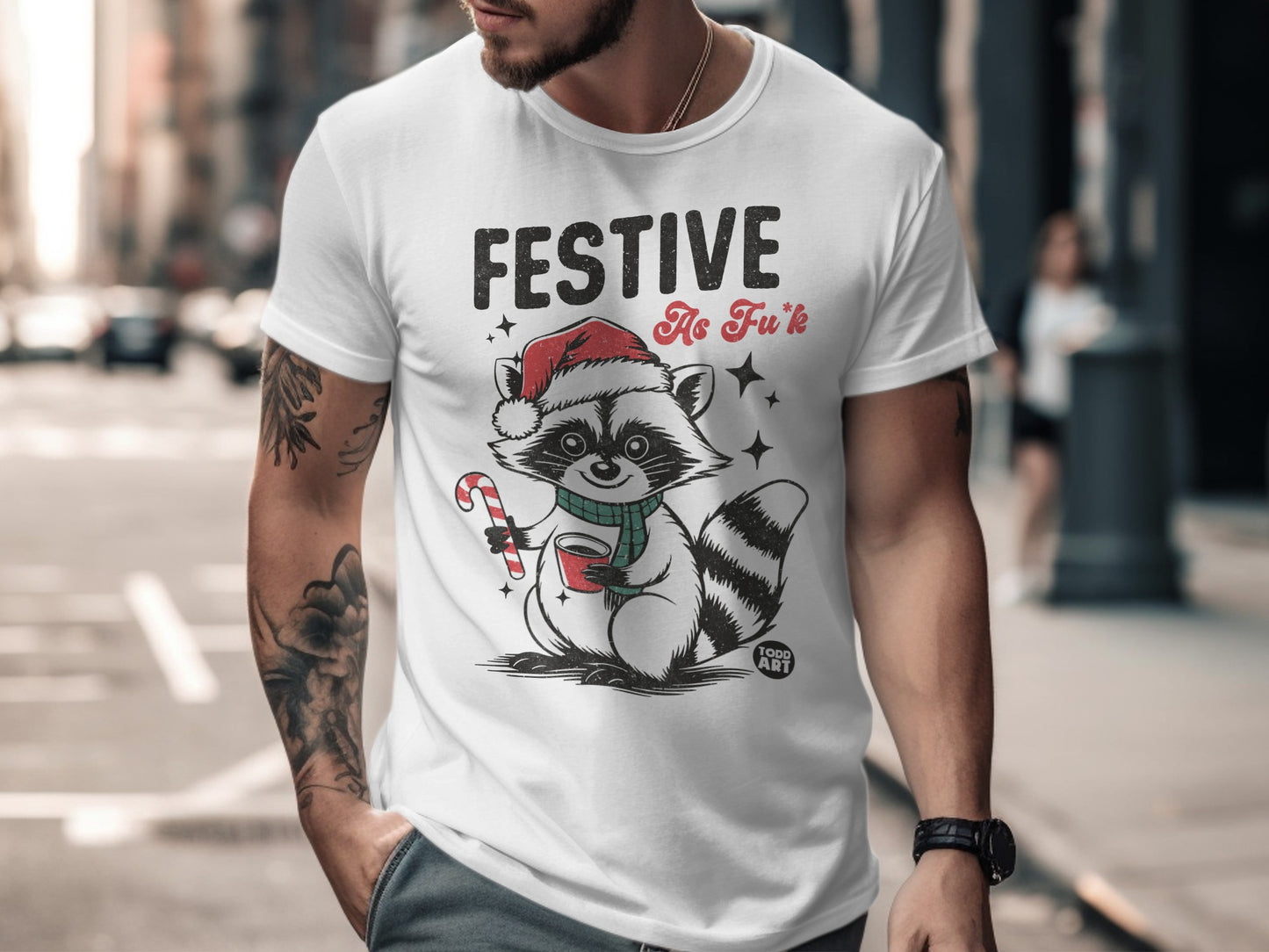 Festive Raccoon Santa Hat Candy Cane Graphic T-shirt