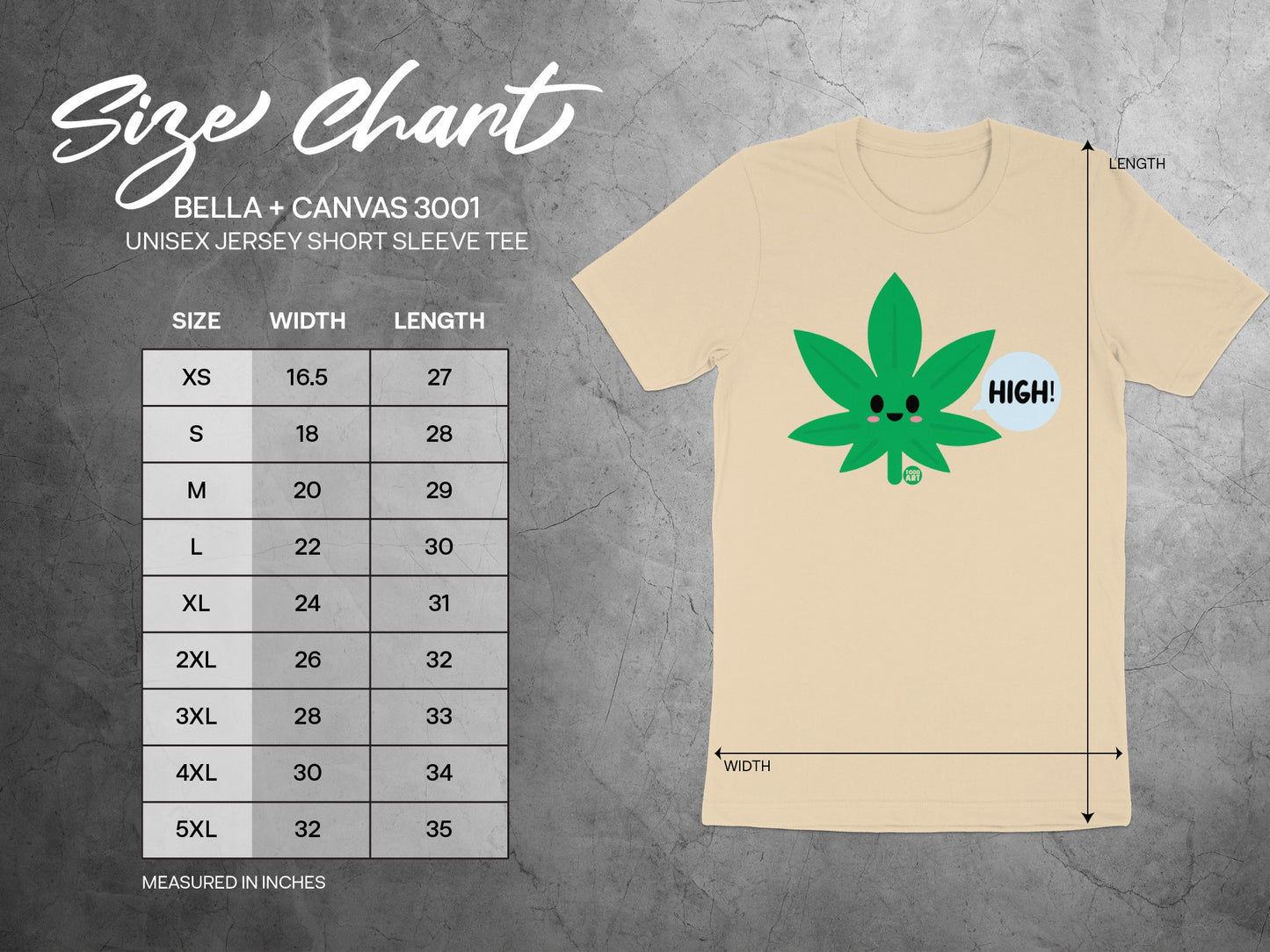 Cute Leaf Character T-Shirt With Sizes Chart