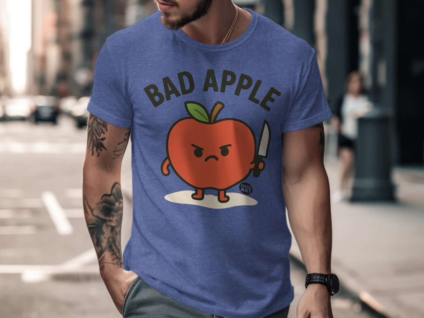 Funny Cartoon Bad Apple with Knife Graphic T-Shirts