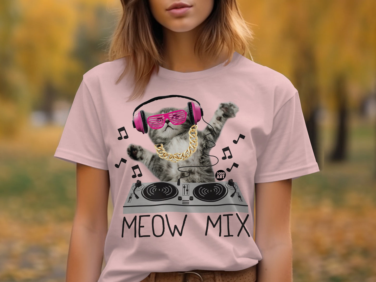 Cat DJ Pink Headphones Meow Mix Graphic Tee product
