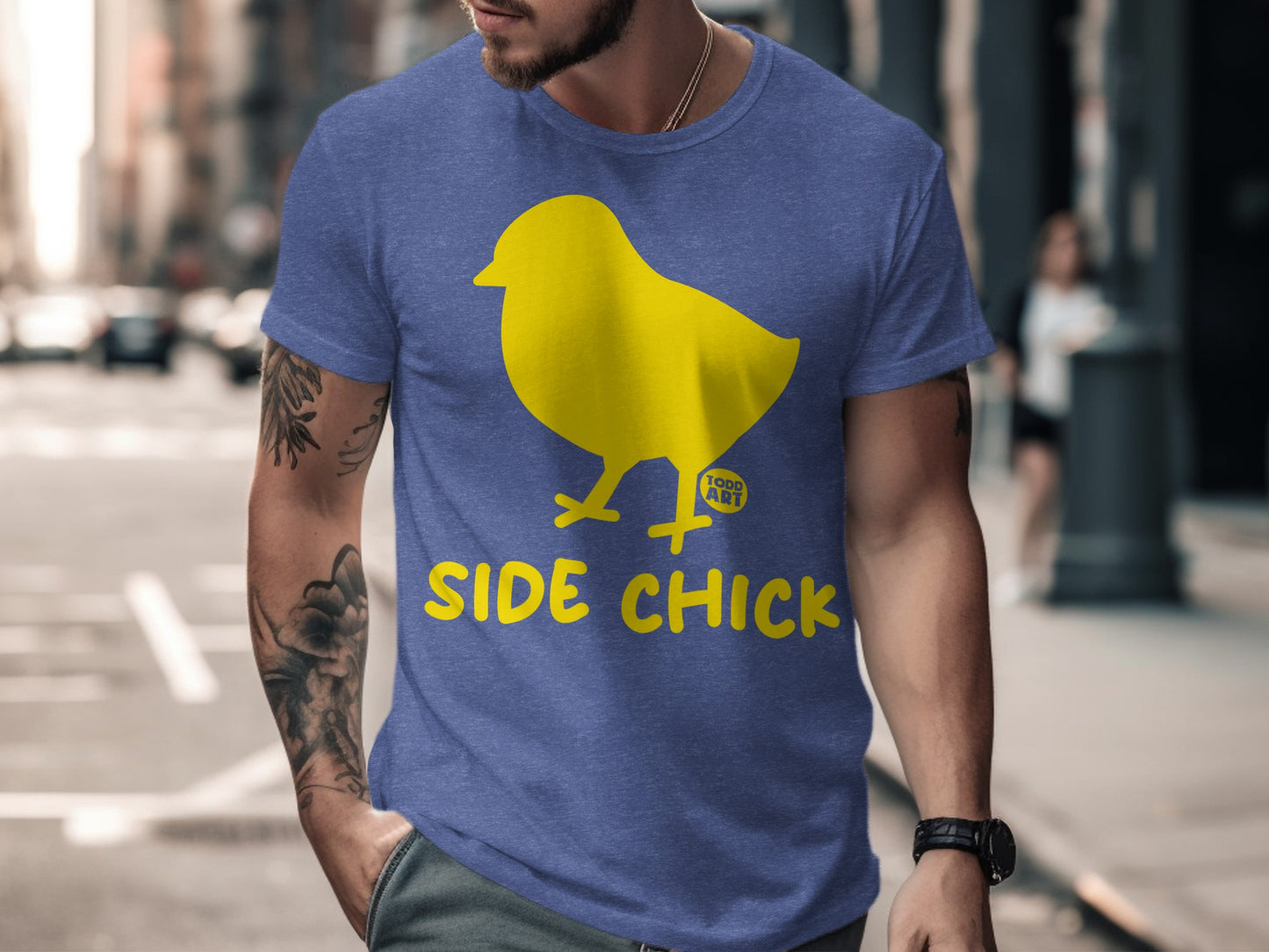 Funny Blue T-shirt with Yellow Side Chick Graphic product type