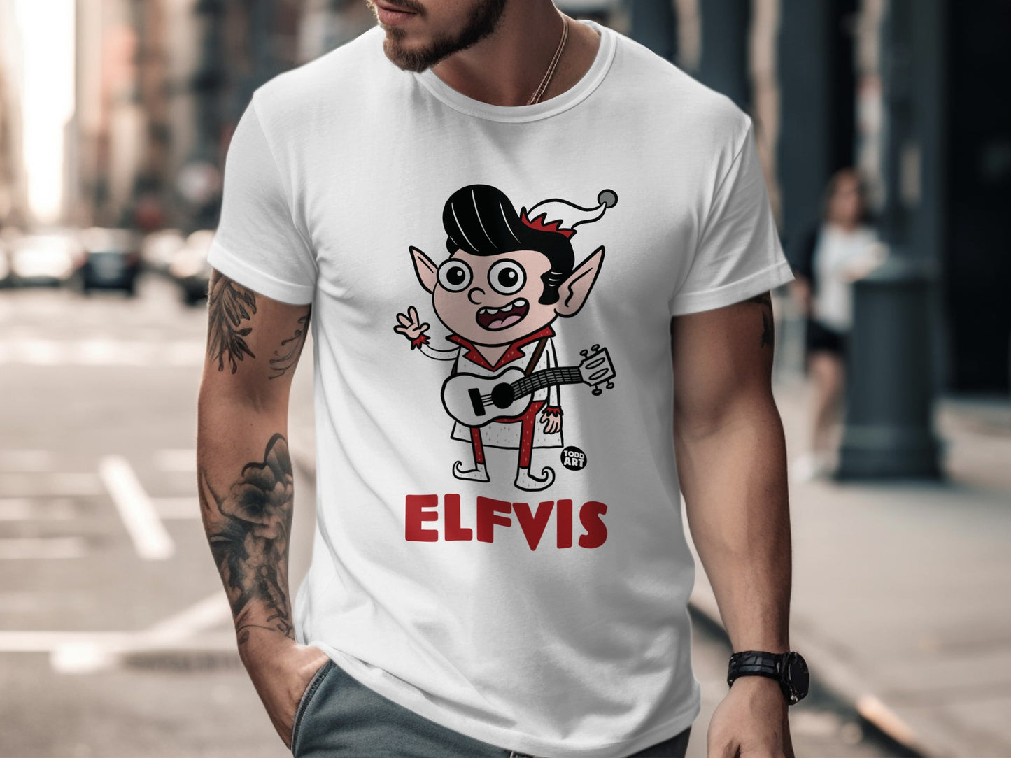 Fun Cartoon Elfvis Character Graphic Tee Shirt