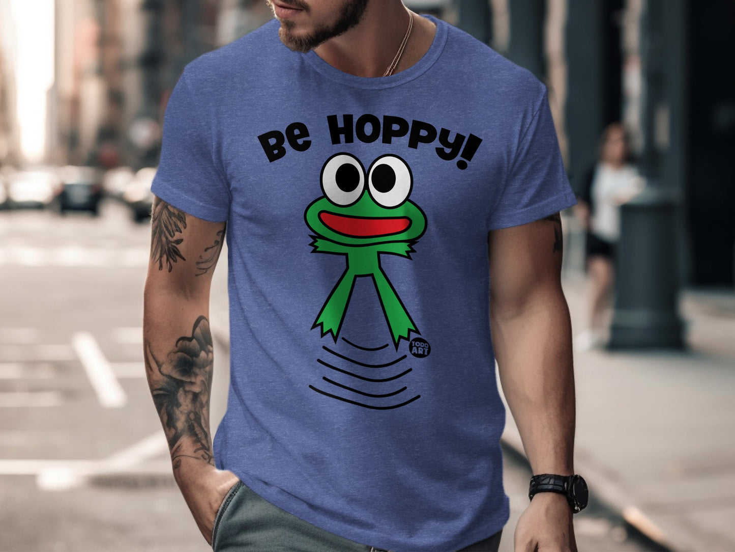 Be Hoppy Funny Frog Blue T-Shirt Fun Graphic Product