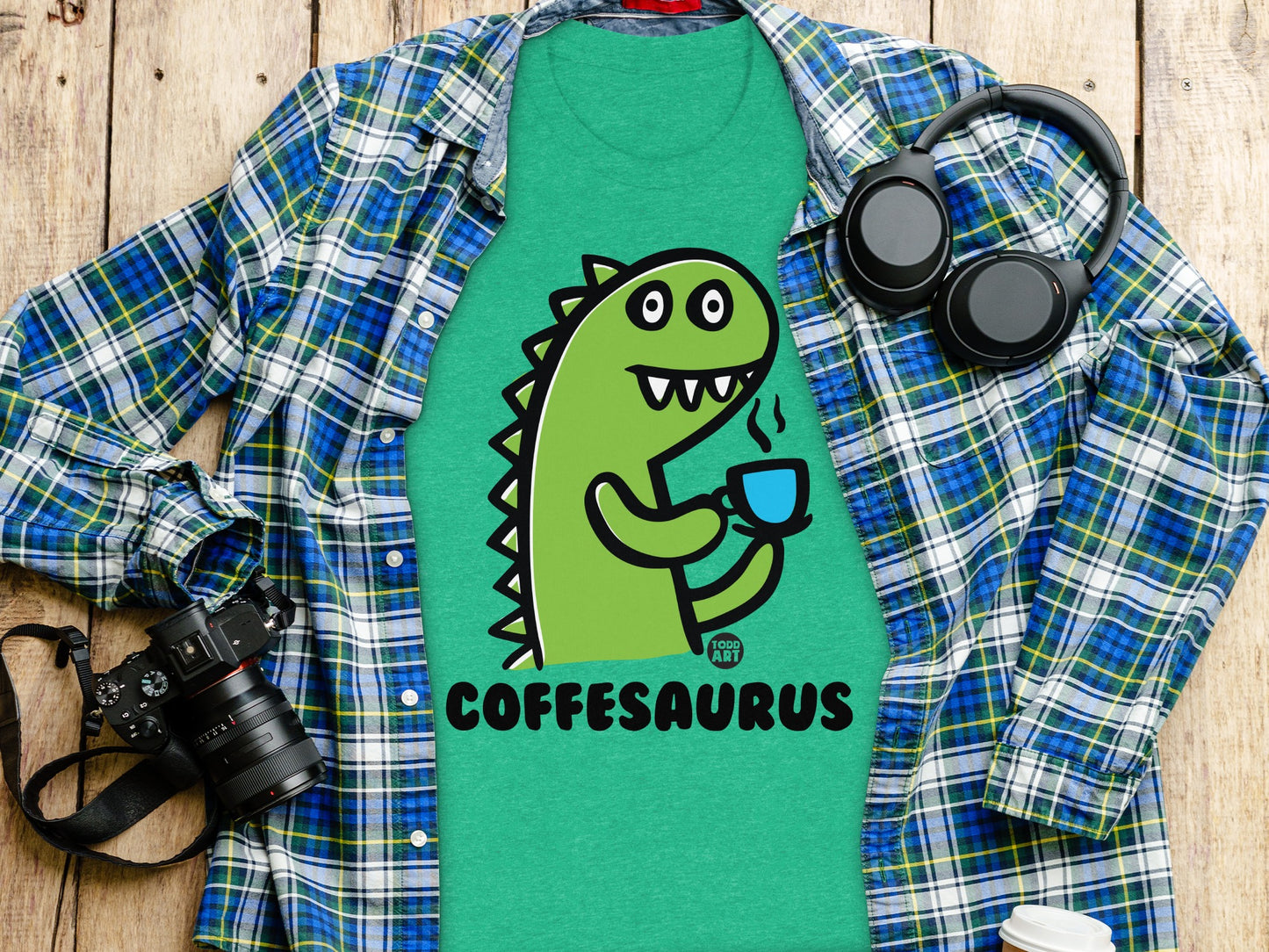 Coffeesaurus Graphic Tee Green Cute Dinosaur product