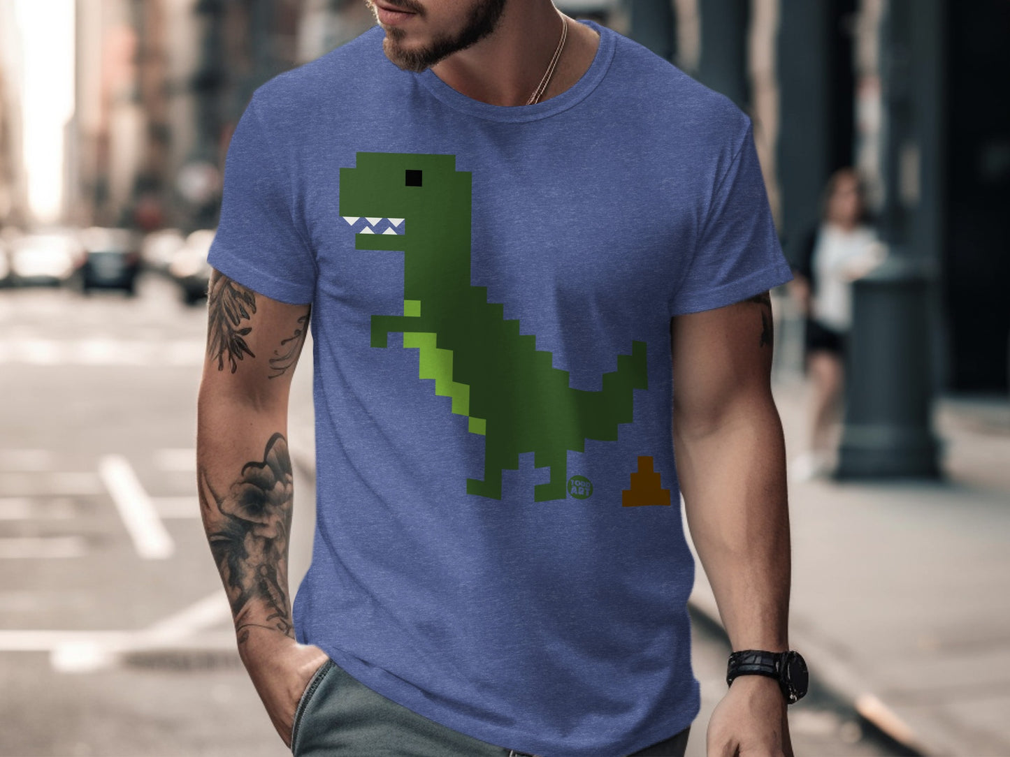 Blue T-shirt Featuring Pixelated Dinosaur Design product