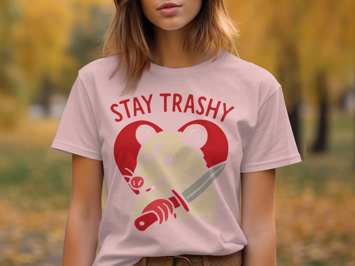 Stay Trashy Cute Mouse and Knife Graphic Tee