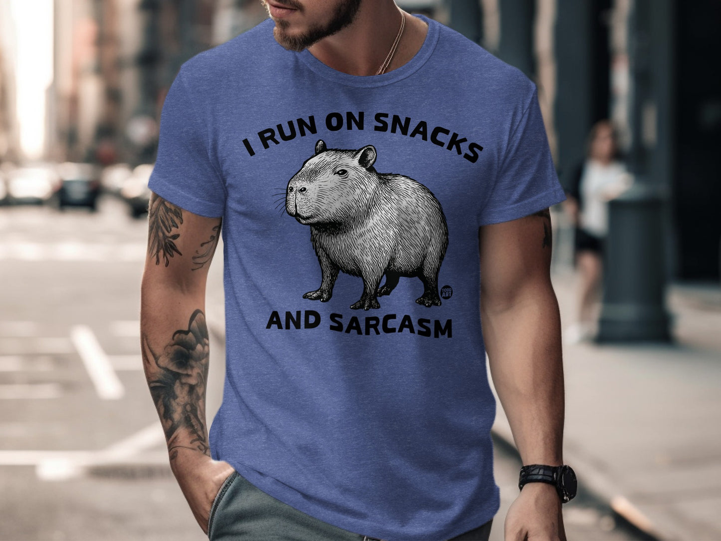 I Run On Snacks And Sarcasm Blue Graphic T-Shirt product