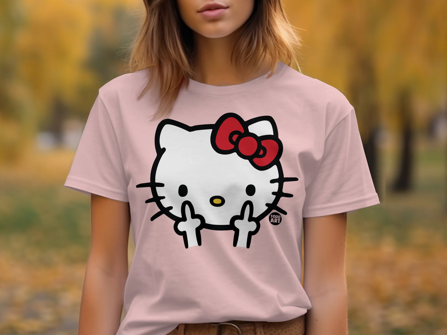 Cute Cat Cartoon Shirt with Red Bow Design on Chest