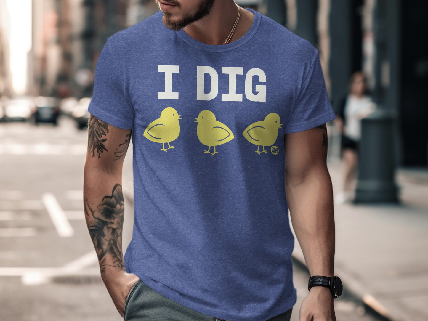 I DIG Chick Trio Printed on Blue Shirt product type