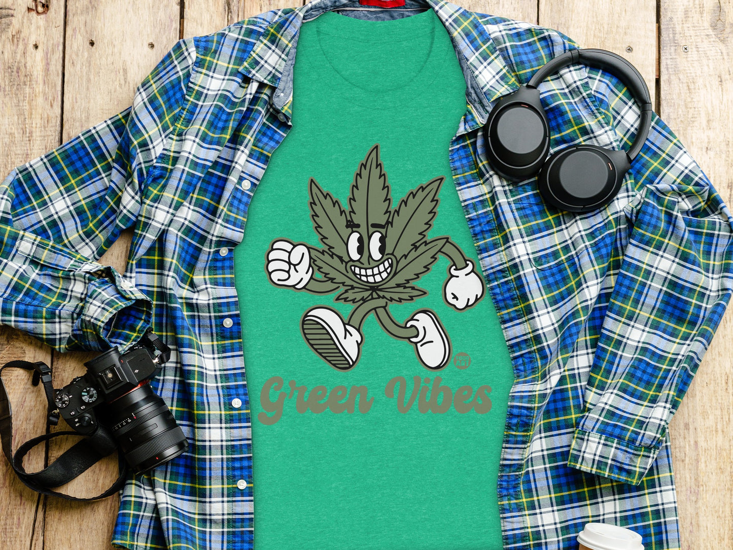 Green Vibes Graphic Tee with Fun Leaf Character