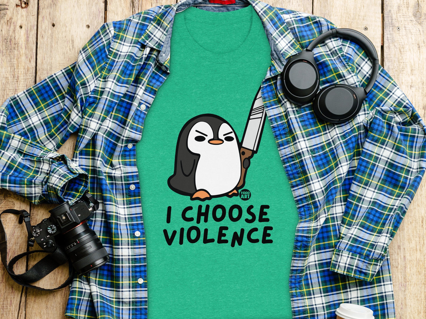 Green T-Shirt with I Choose Violence Penguin Design