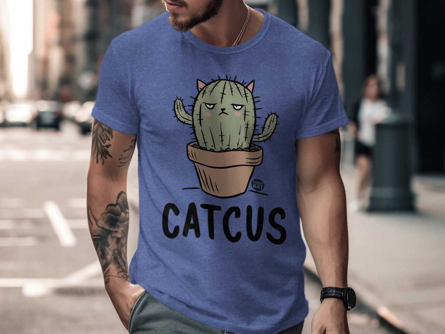 Funny Cat Cactus Graphic Print Blue Shirt product
