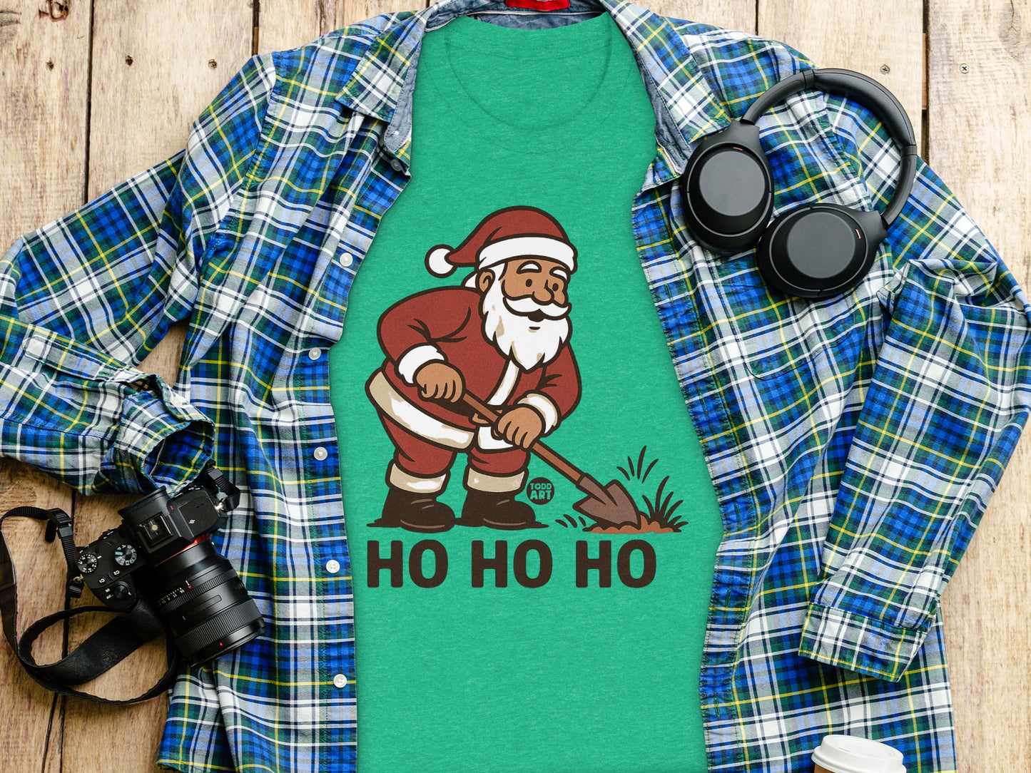 HO HO HO Santa with Shovel Funny Graphic T-Shirt product type