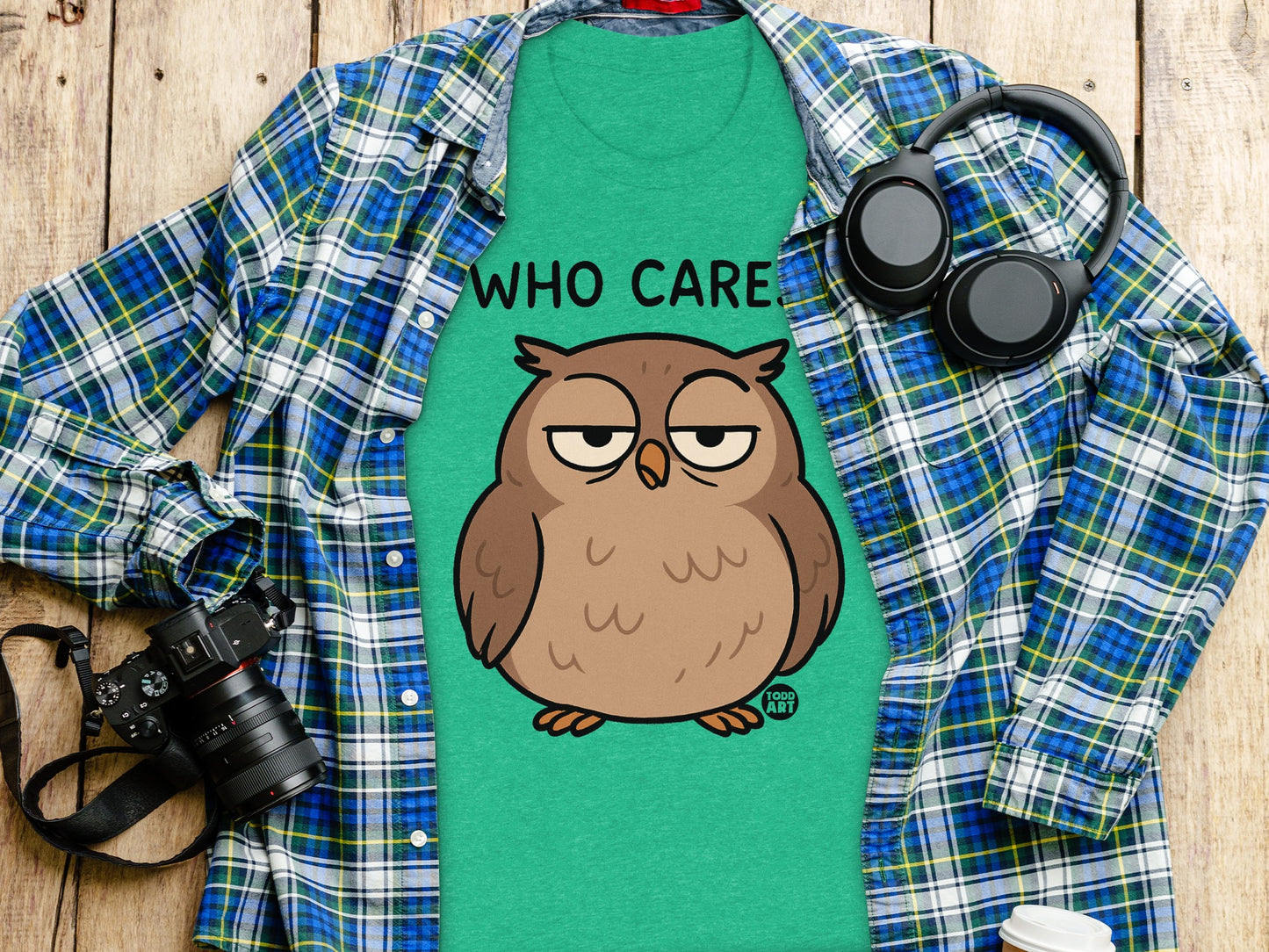 Funny Owl Design Who Cares Green T-Shirt product type