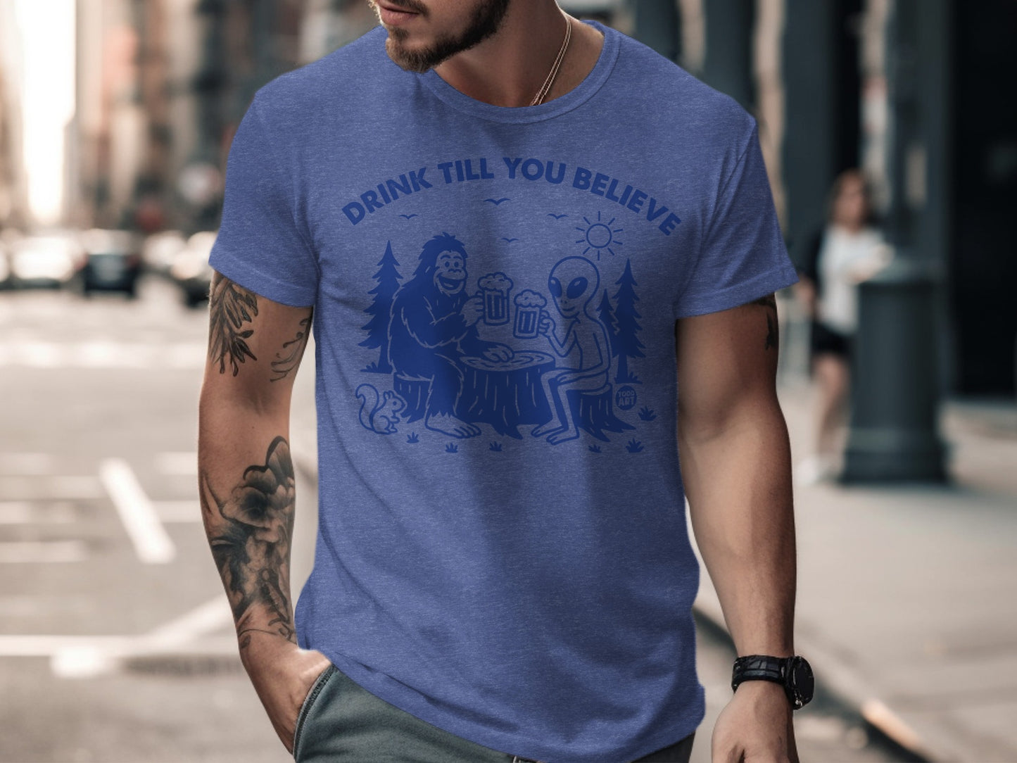 Drink Till You Believe with Bigfoot Alien graphic t-shirt product