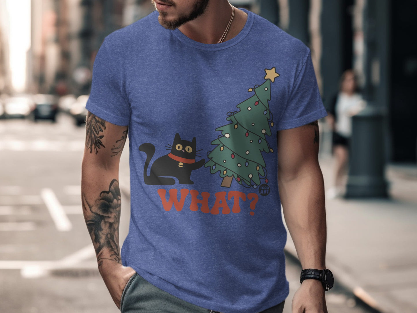 Funny Cat and Christmas Tree Graphic T-shirt product type