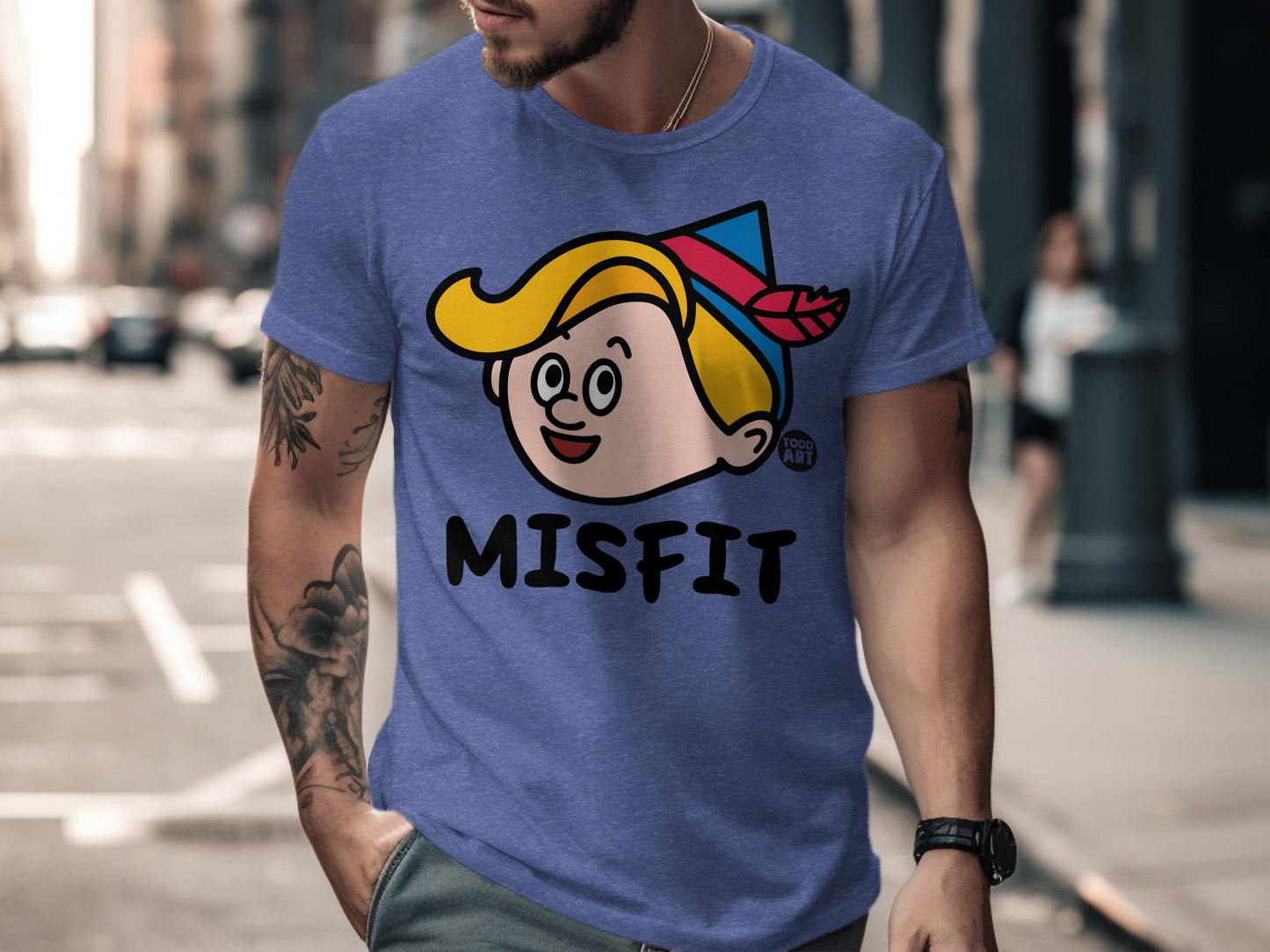 Misfit Cartoon Character Graphic on Blue T-Shirt product