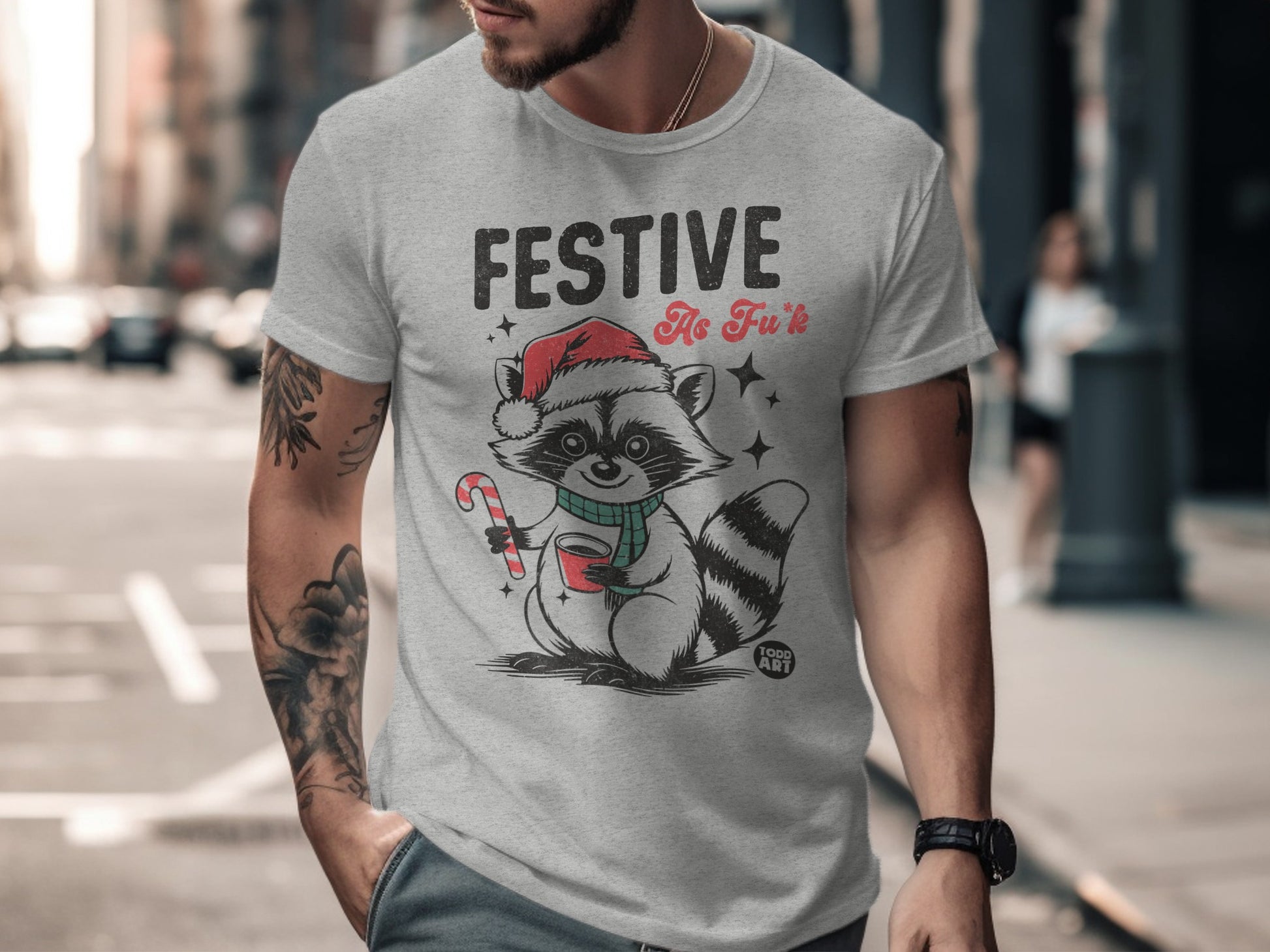 Festive AF Raccoon Wearing Santa Hat and Holding Candy Tshirt