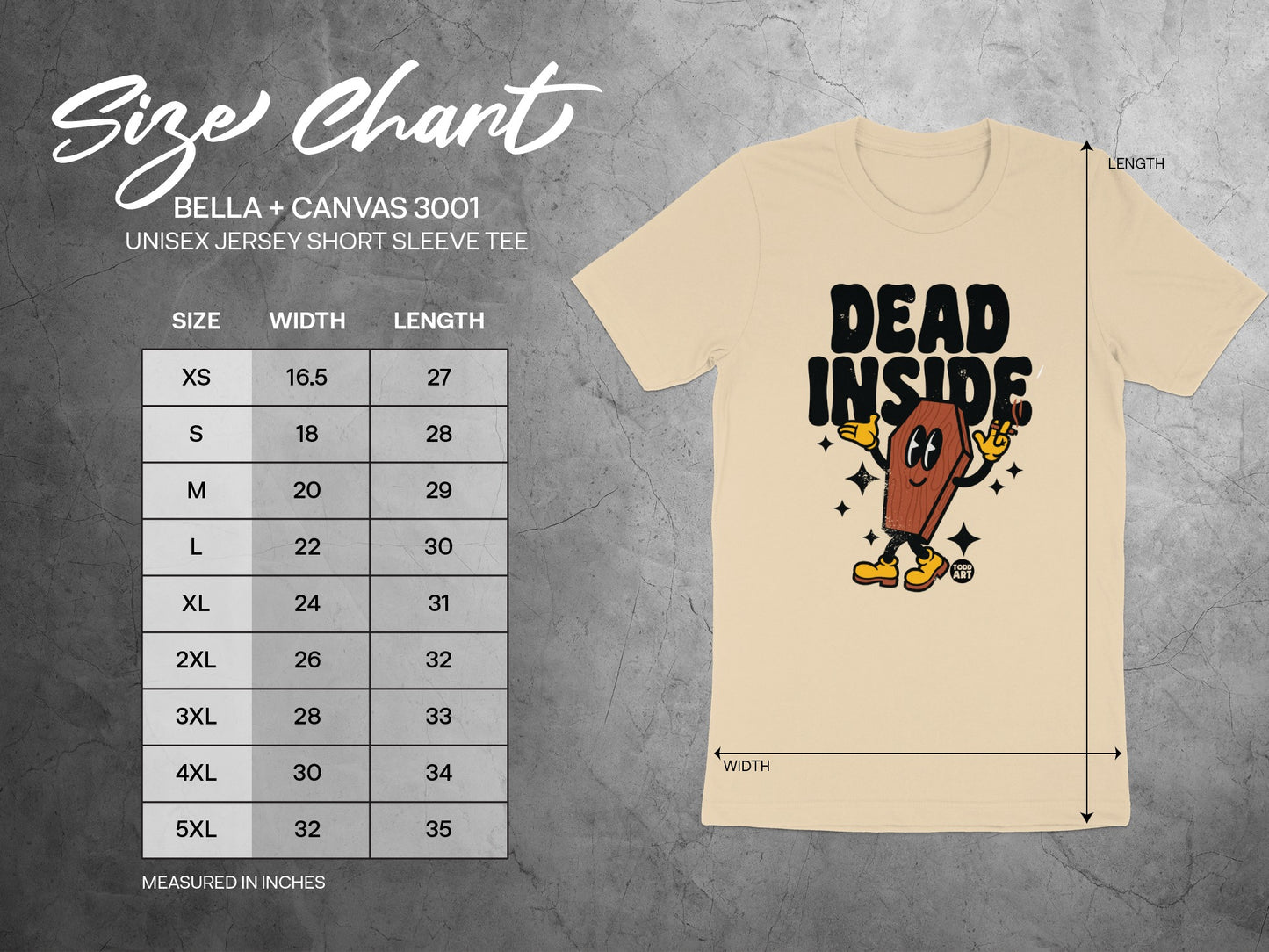 Dead Inside Graphic Tee with Size Chart Measurements