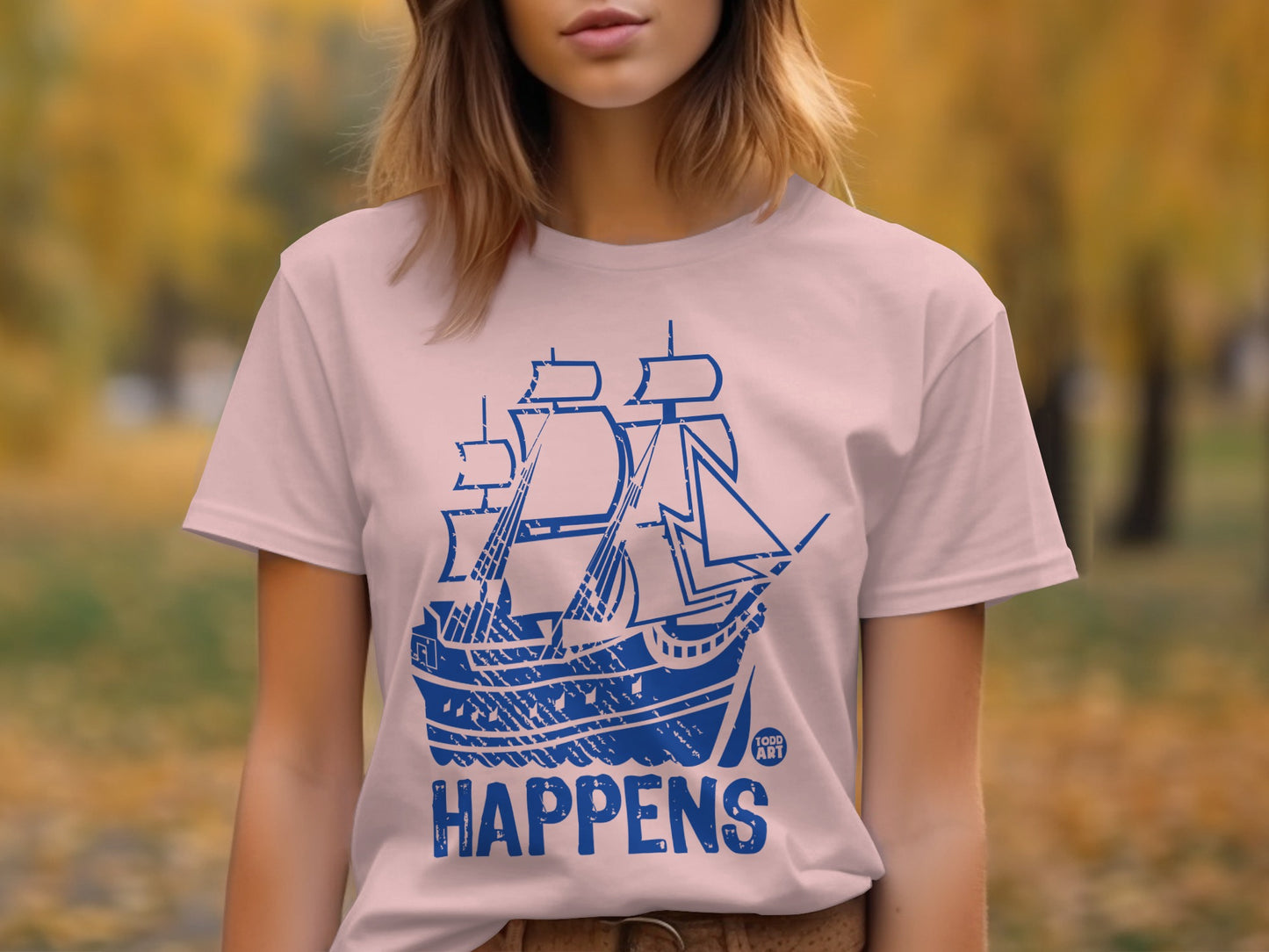 Vintage Ship Graphic Tee with Happens Text men's wear product