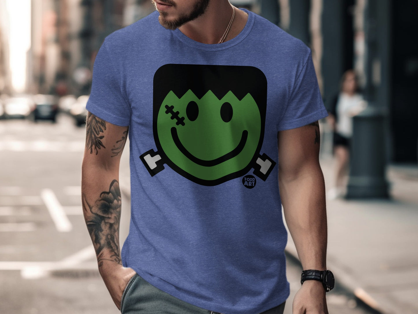 Smiling Frankenstein Graphic Blue T-Shirt product