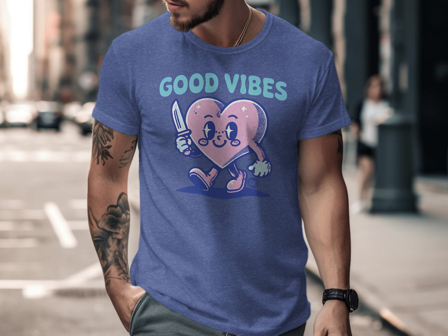 Good Vibes Heart Character in Urban Street T-Shirt