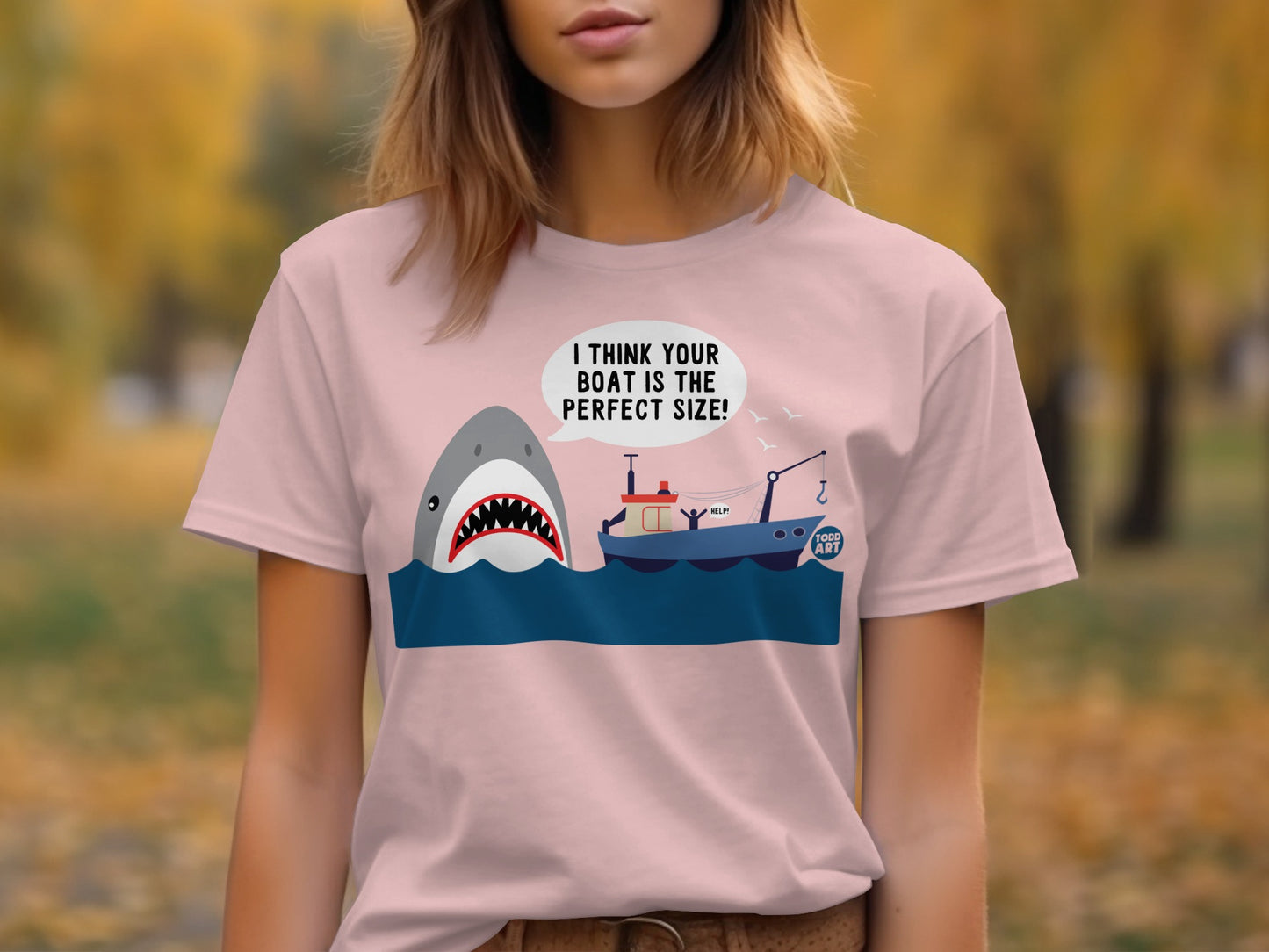 Cartoon Shark and Boat Graphic T-Shirt