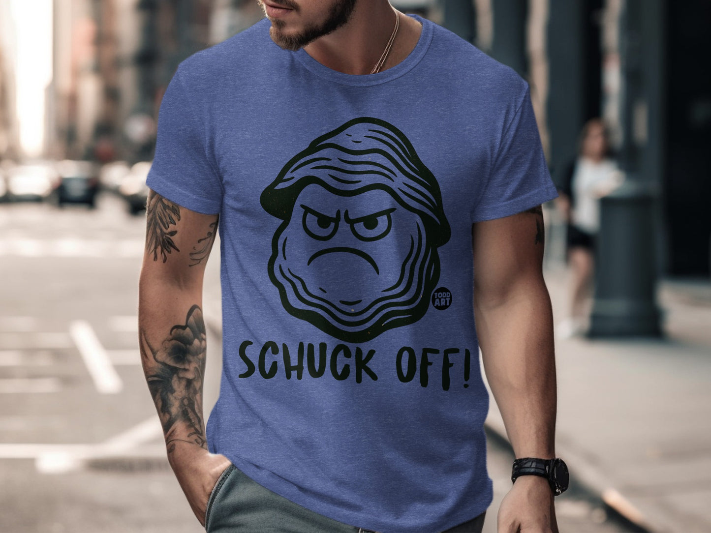 Schuck Off angry face graphic on blue t-shirt product